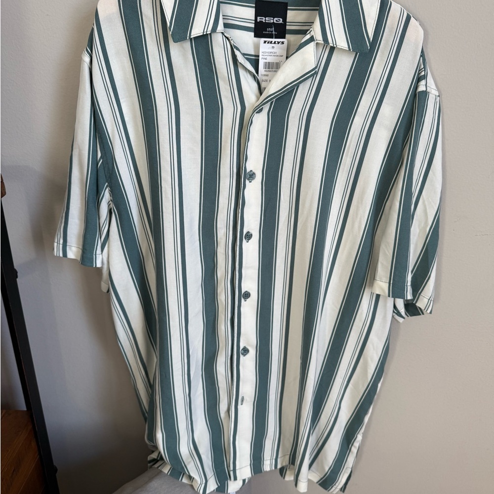RSQ Men's Shirt with Green and White Stripes